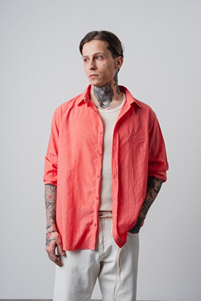 Respire Men's Embroidered Long Sleeve Oversized Shirt Coral