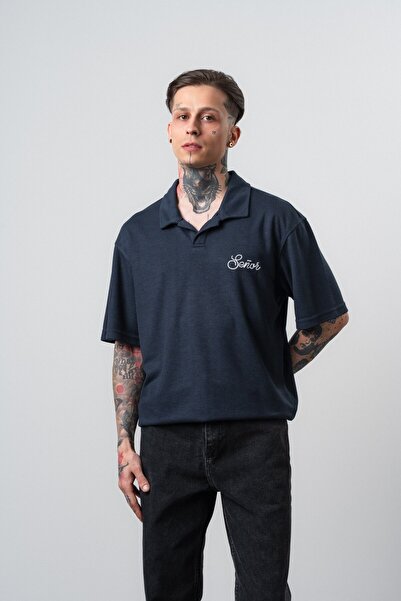 Respire Men's Senor Written Polo Collar Regular Fit T-Shirt Navy Blue