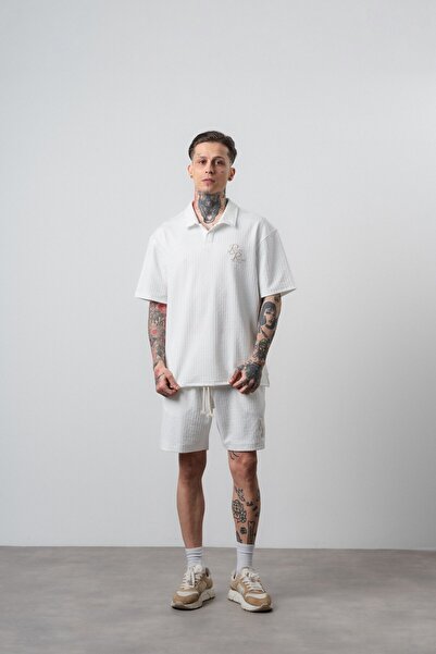 Respire Men's Relined Written Regular Fit T-Shirt Shorts Set Ecru