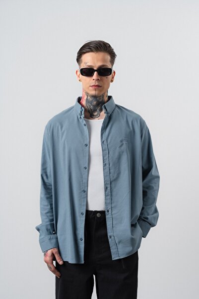 Respire Men's Arma Embroidered Long Sleeve Oversize Shirt Baby Blue