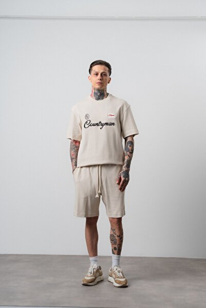 Respire Men's Countryman Embroidered Regular Fit T-Shirt Shorts Set Beige