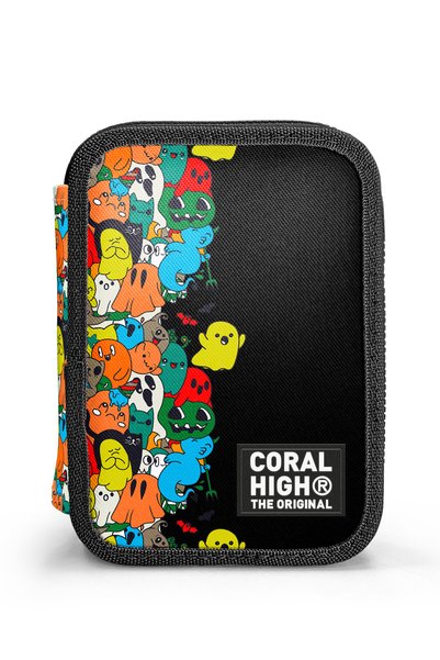 Coral High Kids Black Cartoon Patterned Double Layer Pencil Bag 11150