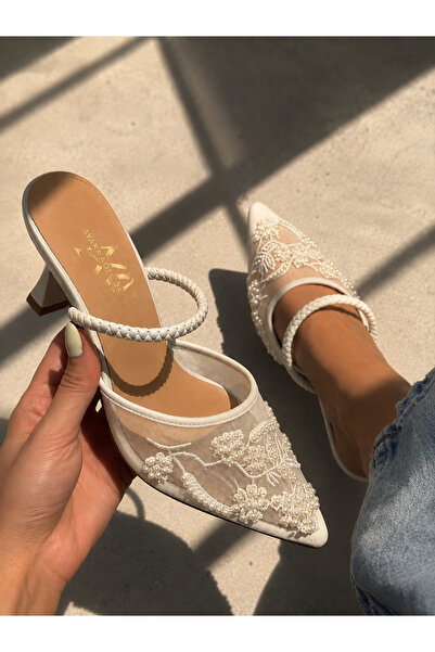 CARLA BELLA Women's Heeled Shoes with Pearl Embroidery on Tulle