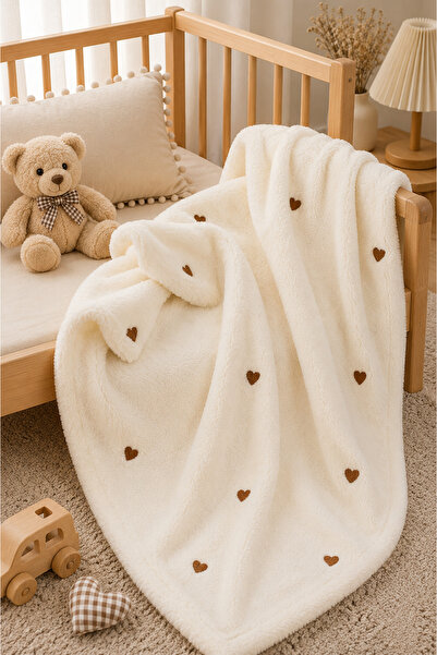 DensHaus Brown Heart Patterned Embroidered Baby Blanket 90X110 Cream Wellsoft