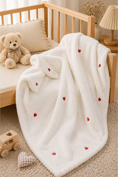 DensHaus Heart Patterned Embroidered Baby Blanket 90x110 Cream Wellsoft