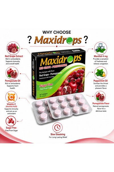 Maxidrops أقراص التوت الأحمر والرمان - 24 قرص - خالية من السكر - مع فيتامين سي وزيت النعناع