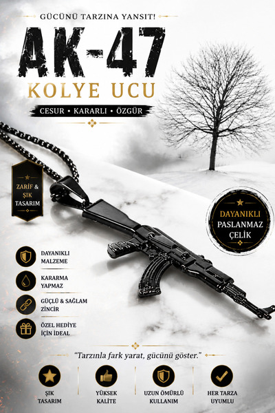 FG KONNİCHİWA Ak47 Gun Black Necklace  Steel Gold Necklace