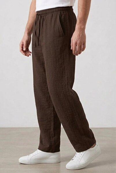 assef Men's Baggy Loose Fit Brown Linen Trousers Lightweight and Comfortable