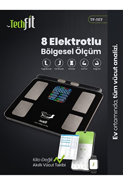 Techfit TF-1117 8 Elektrotlu Akıllı Vücut Analiz Baskülü – 14 Ölçüm – Bluetoo...