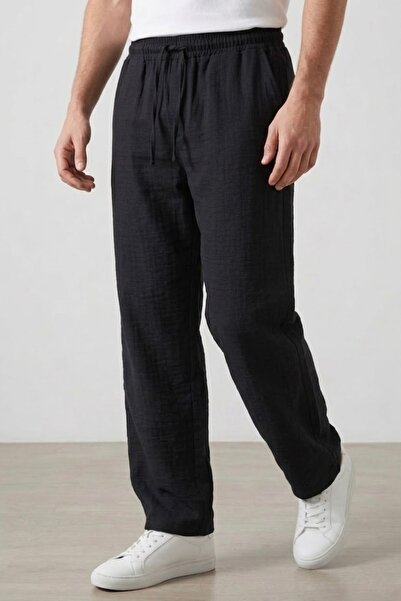 assef Erkek Baggy bol kesim Siyah keten Pantolon Hafif ve Rahat