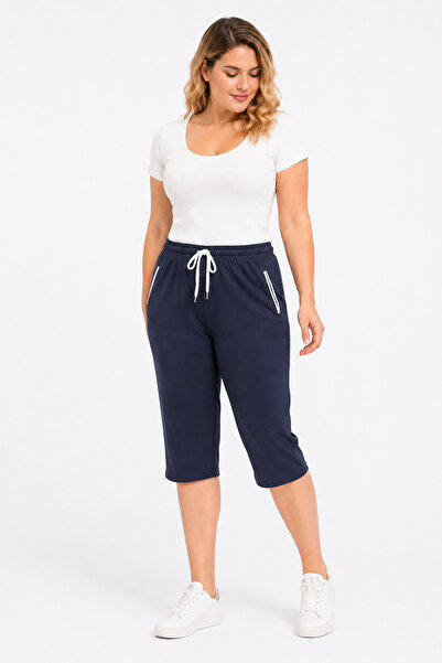 Şans Women's Navy Blue Large Size Side Pocket Tracksuit Capri 65n35869