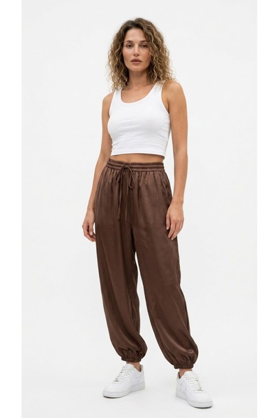 MONAMORE Pantaloni din satin pentru femei, cu croială shalwar și șnur elastic...