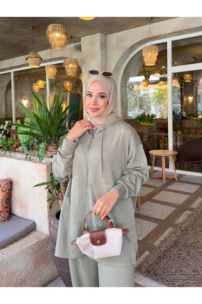 nurvina modest wear طقم إسلامي مكون من قطعتين بقلنسوة كبيرة الحجم من قماش المودال مع جيوب مزدوجة