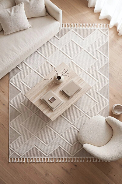 Eliz Home Krem Bej Modern Dokuma Halı Bukleli Yolluk Antre Oturma Odası Salon...