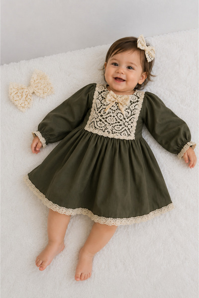 Elwirababyboutiqe Каки зелена винтидж рокля с гипюрена дантела и брошка