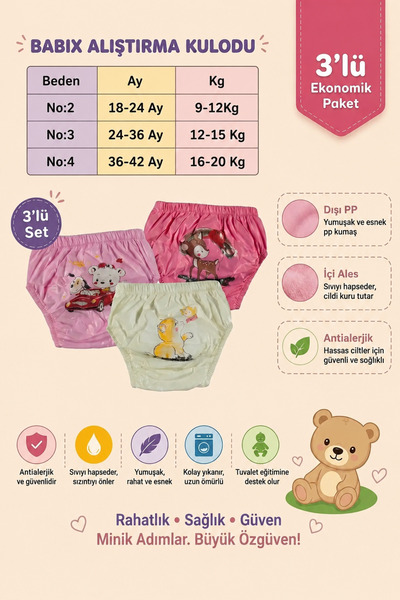 babixkids Anti Alerjik Yıkanabilir 3'lü Kız Bebek Alıştırma Külodu Bebek Tuva...
