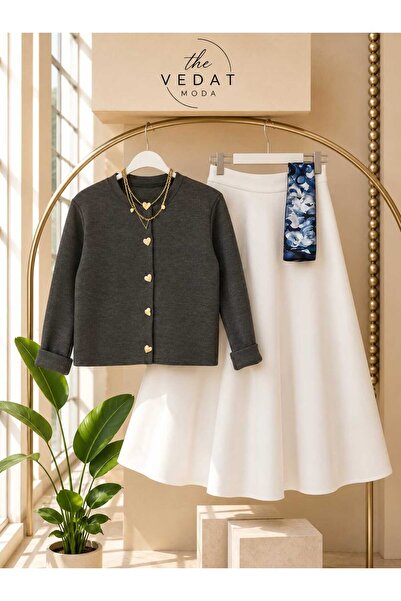 MODA VEDAT Women's Heart Buttoned Knitwear Cardigan Skirt Set -56 Antasi-White