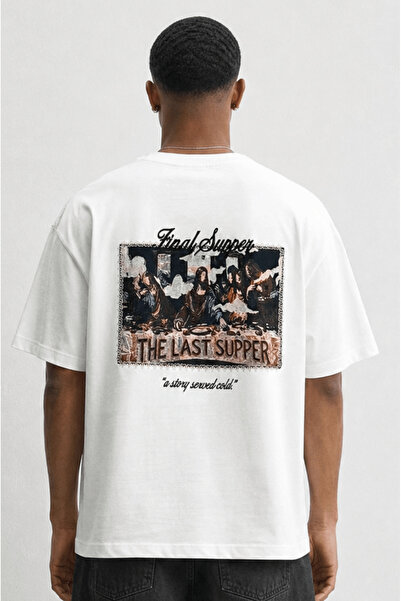 Respire Tricou supradimensionat pentru bărbați, cu broderie Final Supper, Ecru
