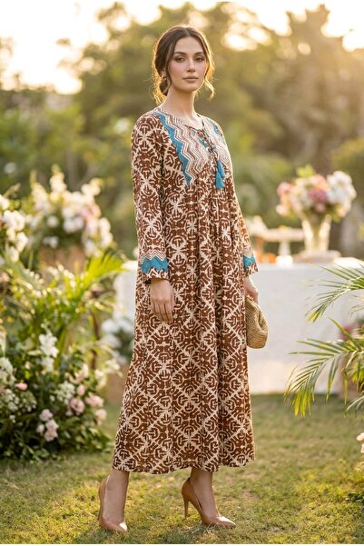 Park Moda Women's Brown Ethnic Patterned Lace-Up Long Dress - Turquoise Embro...