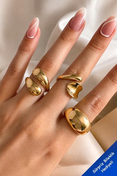 The Collection 3'lü Kombin Su Damlası Formlu Tasarım Gold Yüzük Set