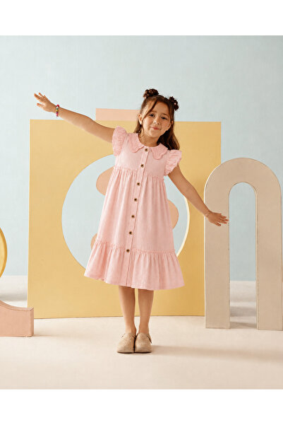Minimio Kids Kız Çocuk Pembe Bebe Yaka Fırfır Kollu Volanlı Yazlık Elbise