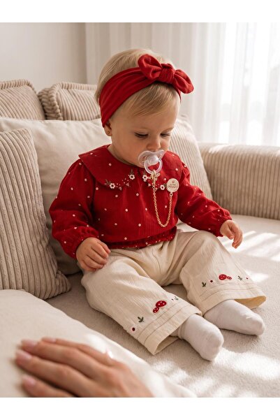 ALTINTAŞ BABY Strawberry and Rabbit Collar Detailed Muslin Set with Polka Dot...