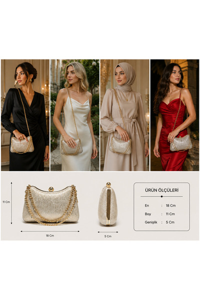 womenacs Gold Color Laser Fabric Wavy Evening Dress Clutch Chain Strap Hand-H...