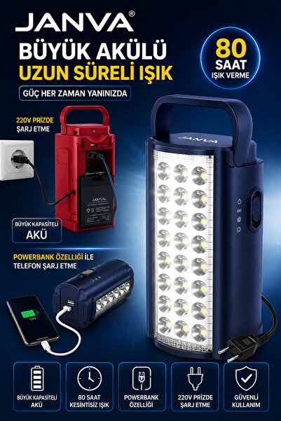Janva 24 Ledli Akülü Işıldak Powerbank Özellikli Fişle Şarj olur Kamp Feneri ...