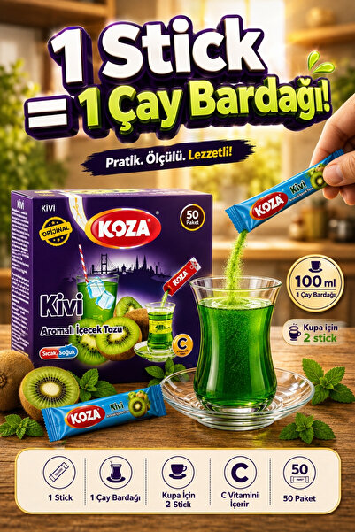 Koza Gurmelerin Seçimi Pratik Lezzet Kivi Aromalı Tek İçimlik Kivili Çay İçecek Tozu | C Vitaminli Pratik Hazırlanan 50 Stick Saşe Kivi Oralet İçecek Tozu