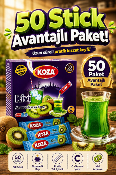 Koza Gurmelerin Seçimi Pratik Lezzet Kivi Aromalı Tek İçimlik Kivili Çay İçecek Tozu | C Vitaminli Pratik Hazırlanan 50 Stick Saşe Kivi Oralet İçecek Tozu