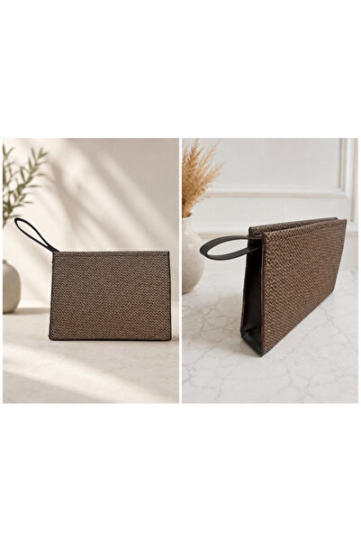 todays co Wicker Model Zipper Detailed Brown Handbag with Handle