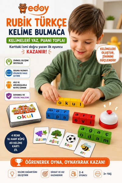 edoy Montessori Eğitici Oyun - Rubik Türkçe Bulmaca Oyunu - Harfleri Tanımak için Eğlenceli Çözüm