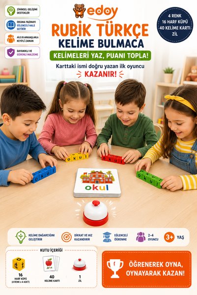 edoy Montessori Eğitici Oyun - Rubik Türkçe Bulmaca Oyunu - Harfleri Tanımak için Eğlenceli Çözüm
