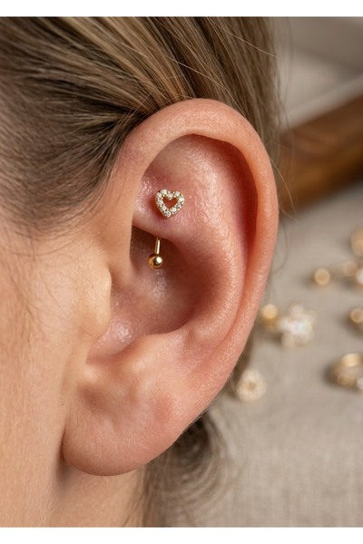 kurukafagift Çelik Kalp Figürlü Kıkırdak Rook Piercing Parlak Zirkon Taşlı 10 mm
