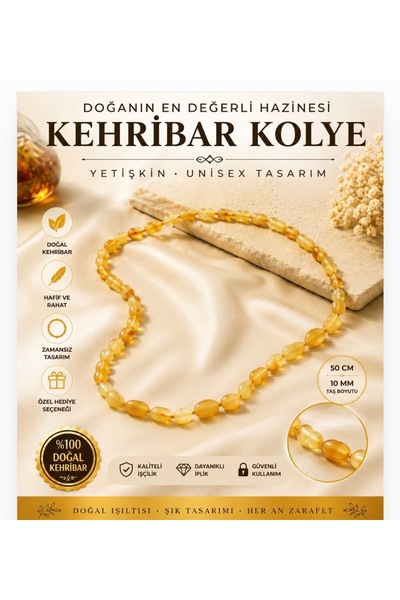 Leyandoğaltaş Doğal Kehribar Kolye 50 cm – Yetişkin Unisex Kehribar Taşlı Kolye