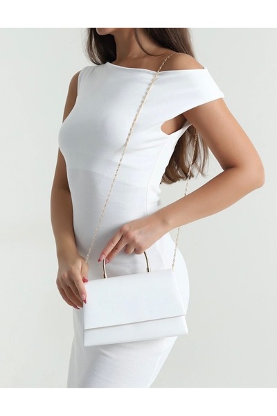 selma demir Beyaz Zincir Askılı Abiye Model Clutch Kadın Çanta