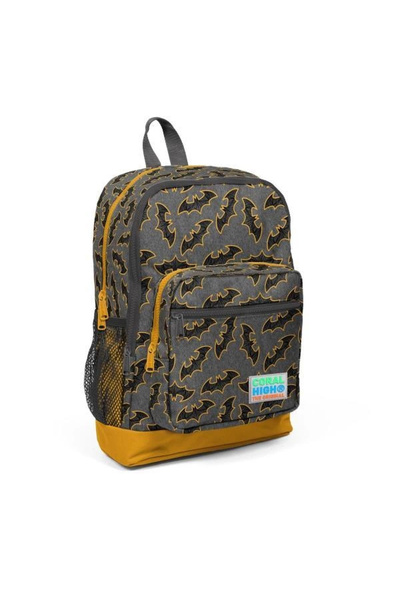 Coral High Kids Dark Gray Mustard Bat Patterned Four Compartment School Backp...