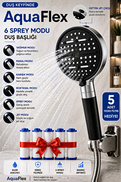 AquaFlex Filtreli Duş Başlığı | 6 Fonksiyonlu | 5 Yedek Filtre | Su Arıtmalı,...