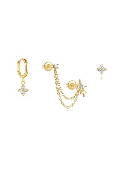 Choice 3Pcs Gold White 3 3PCS Fashion Four Zircon Flower Dangle Hoop Stud Ear...