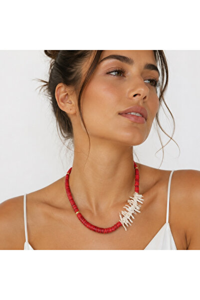 Hello Neo Jewelry Kadın Barok İnci Detaylı Disk Mercan Boncuk Kolye