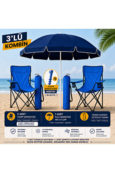 Toptancı Amca 3'lü Kamp ve Plaj Seti Kaıklı 2 Adet Katlanır Kamp Sandalyesi +...