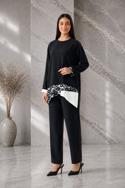 MAG FASHİON Hijab Set with Lace Detail Black Hijab Set Hijab Blouse Hijab Pants