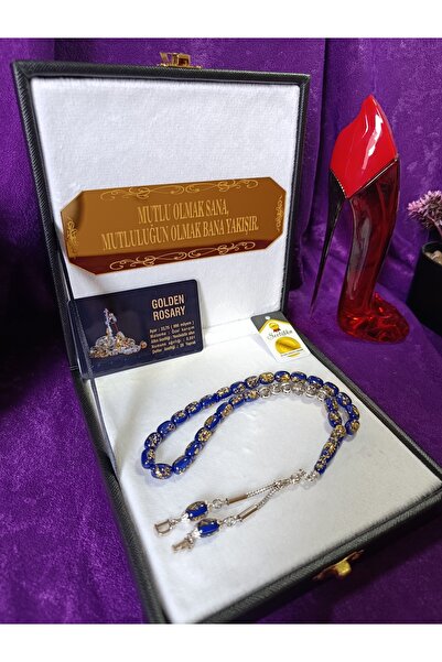 Kehribar Kişiye Özel Harfli Mavi Altın Parçacıklı Golden Rosary Tesbih Sertif...