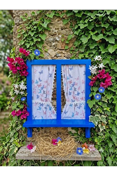 Home Mavi ,50×60 perdeli ahşap pencere,balkon duvar dekoru,kişiselleştirilebilir
