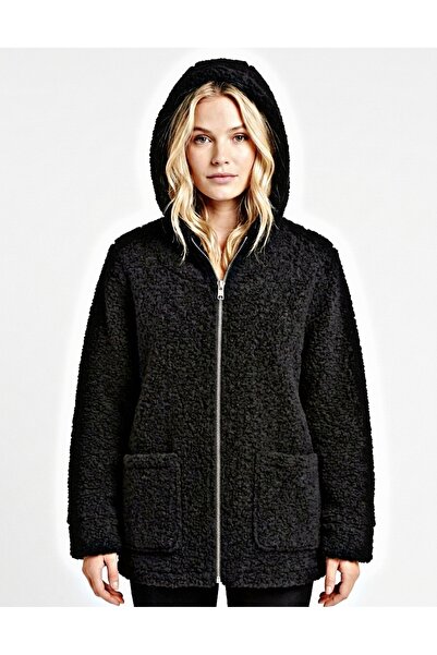 minshe Hooded Front-Pocket Velboa Velvet Laminated Plush Coat