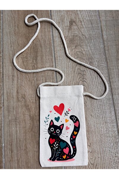 BİLGENS BUTİK Cotton Raw Fabric Cat Figured Mobile Phone Bag