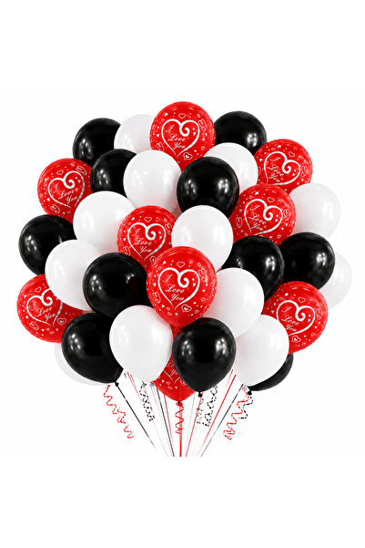 Ropet Set 50 Baloane Latex Rosu, Alb si Negru, I Love You, 30 cm,