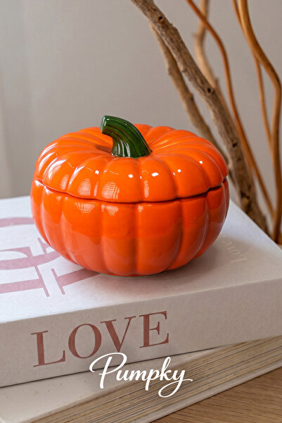 PUMPKY Bal Kabağı Tasarım Seramik Kapaklı Kase Şekerlik Turuncu 18 x 13,5 cm