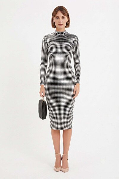 Fulla Moda Houndstooth Patterned High Neck Dress