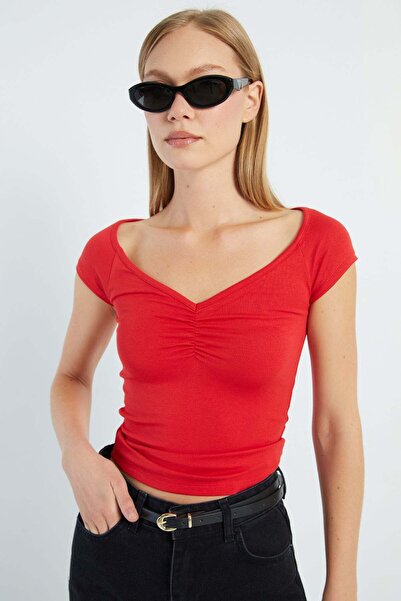 Fulla Moda Drapeli V-Neck Slim Fit T-Shirt